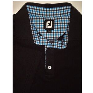 New! FOOTJOY Black w/ Checked Trim Pique Knit Stretch Golf Polo Shirt